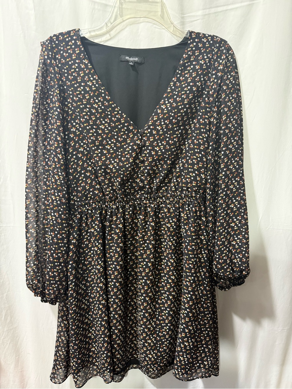 Madewell Black Floral Mini Dress with Sheer Long Sleeves